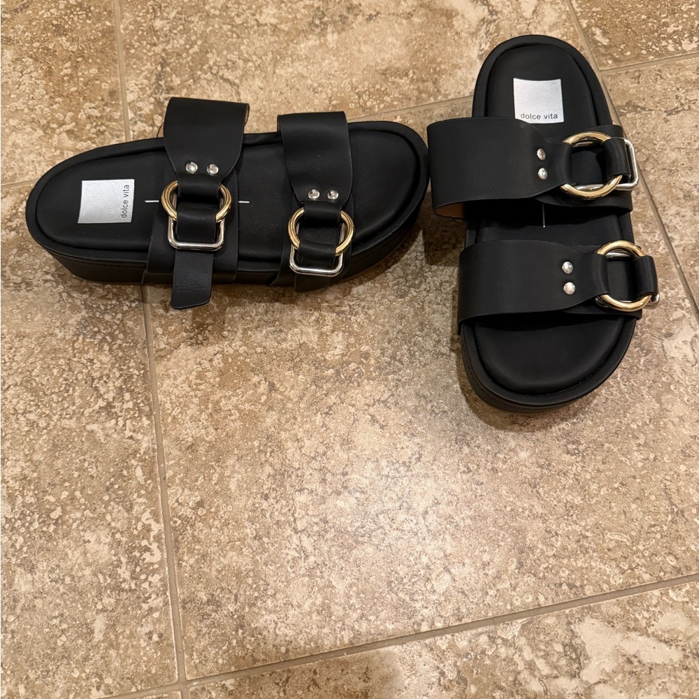 Dolce Vita Black Slide Sandals with Gold Ring Buckles